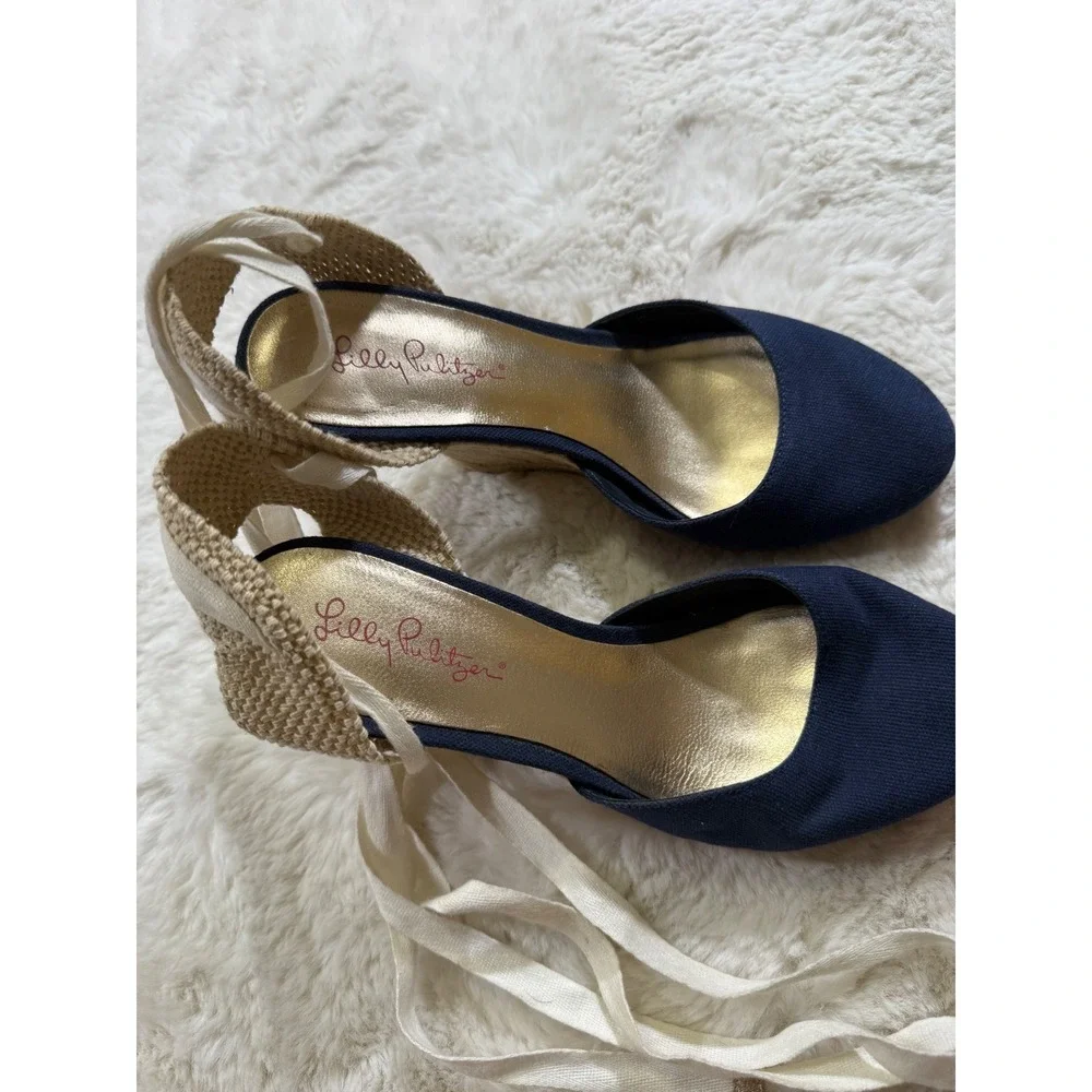 Lilly Pulitzer Wedge Espadrilles Navy Blue Sandals 9 Coastal Nautical Resortwear